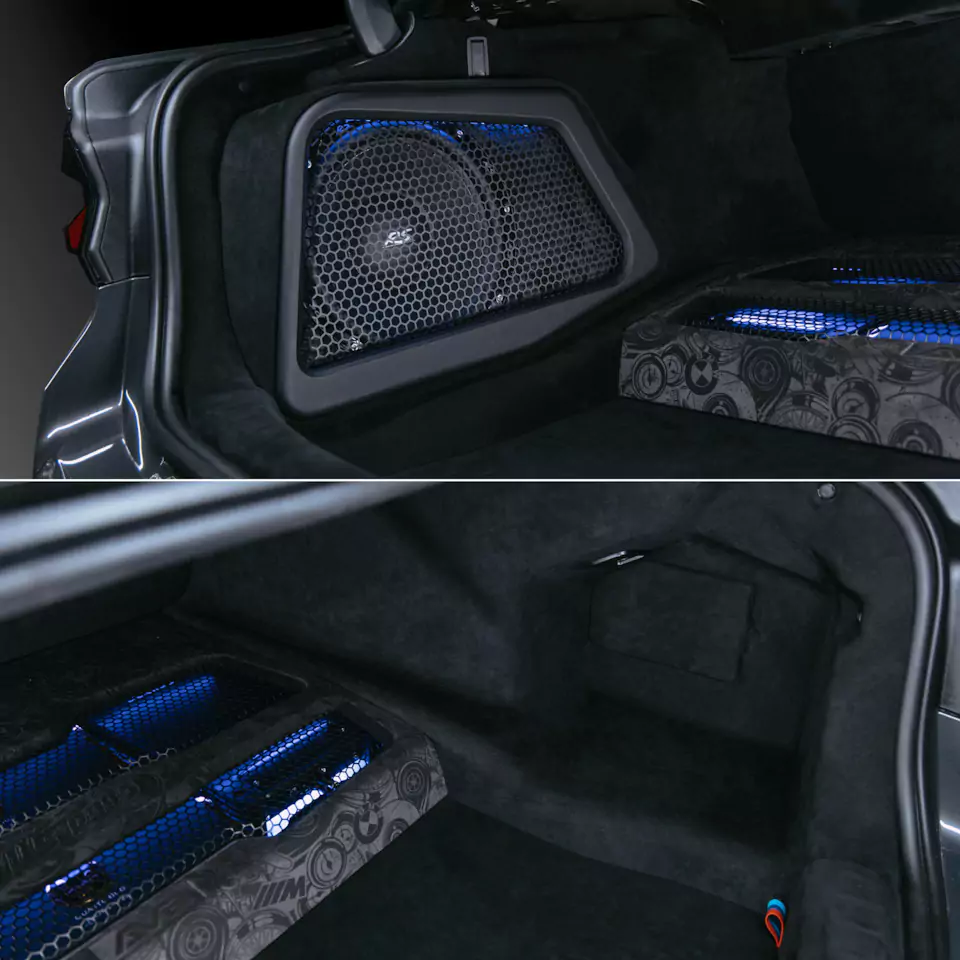 Построили новую акустическую систему для BMW M5 с дизайнерским оформлением багажника! Перешили в кожу салонный пластик, заламинировали карбоном зеркала, провели комплекс детейлинг-услуг